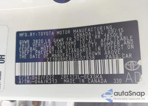 2016 Toyota Corolla S Plus из США, поврежденный, VIN 2T1BURHE6GC507938